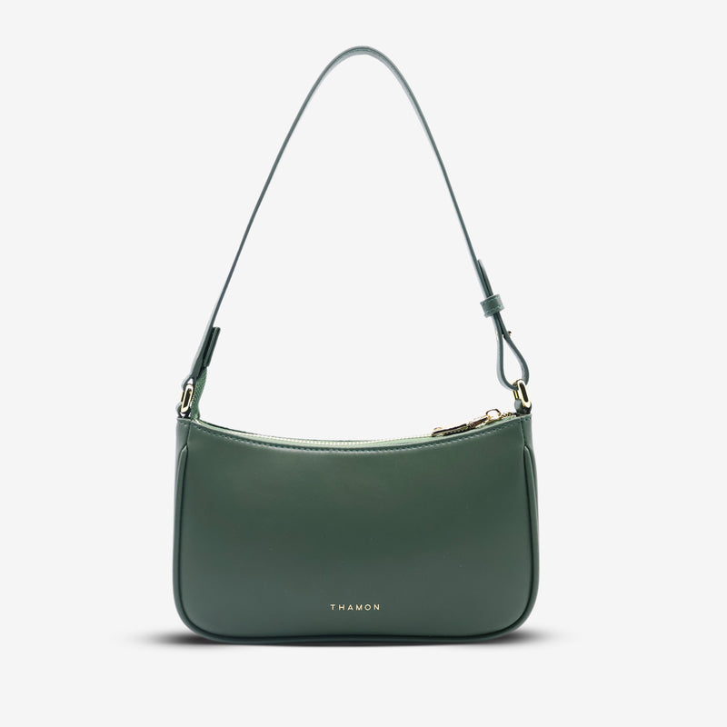 Back view of the Mila Forest Green Vegan Shoulder Bag featuring Thamon branding and smooth microfiber leather finish