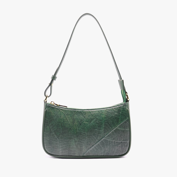 Front view of the Mila Forest Green Vegan Shoulder Bag with leaf leather detailing and adjustable shoulder strap