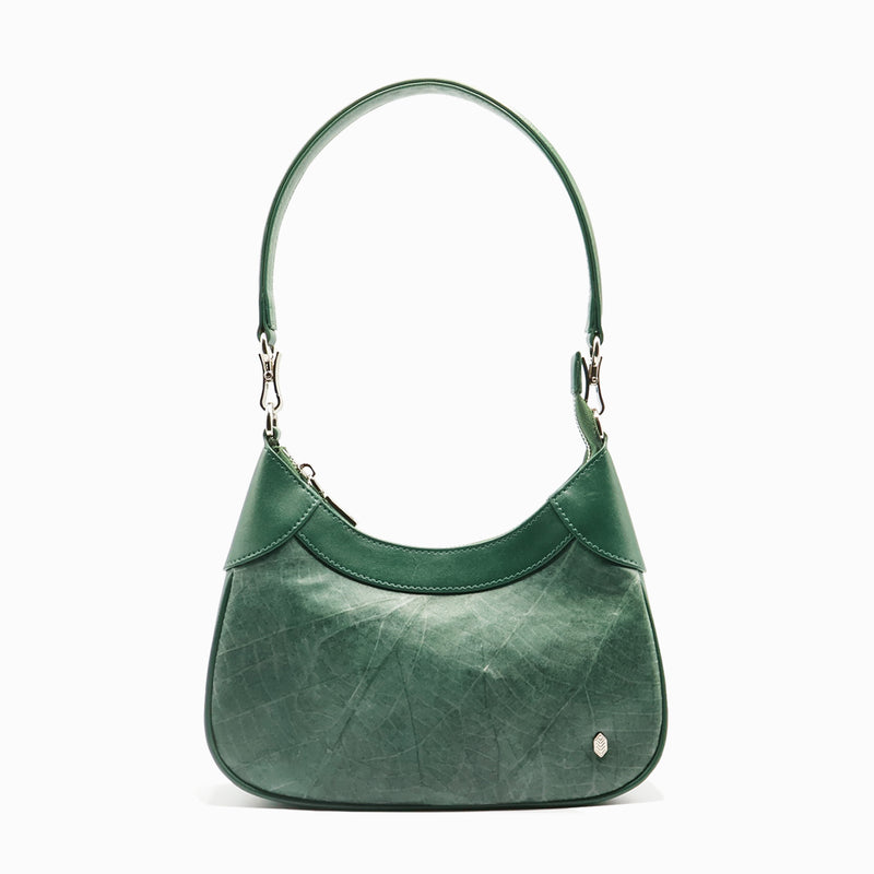 Kara Vegan Shoulder Bag in Forest Green made from leaf leather - front view-thamon