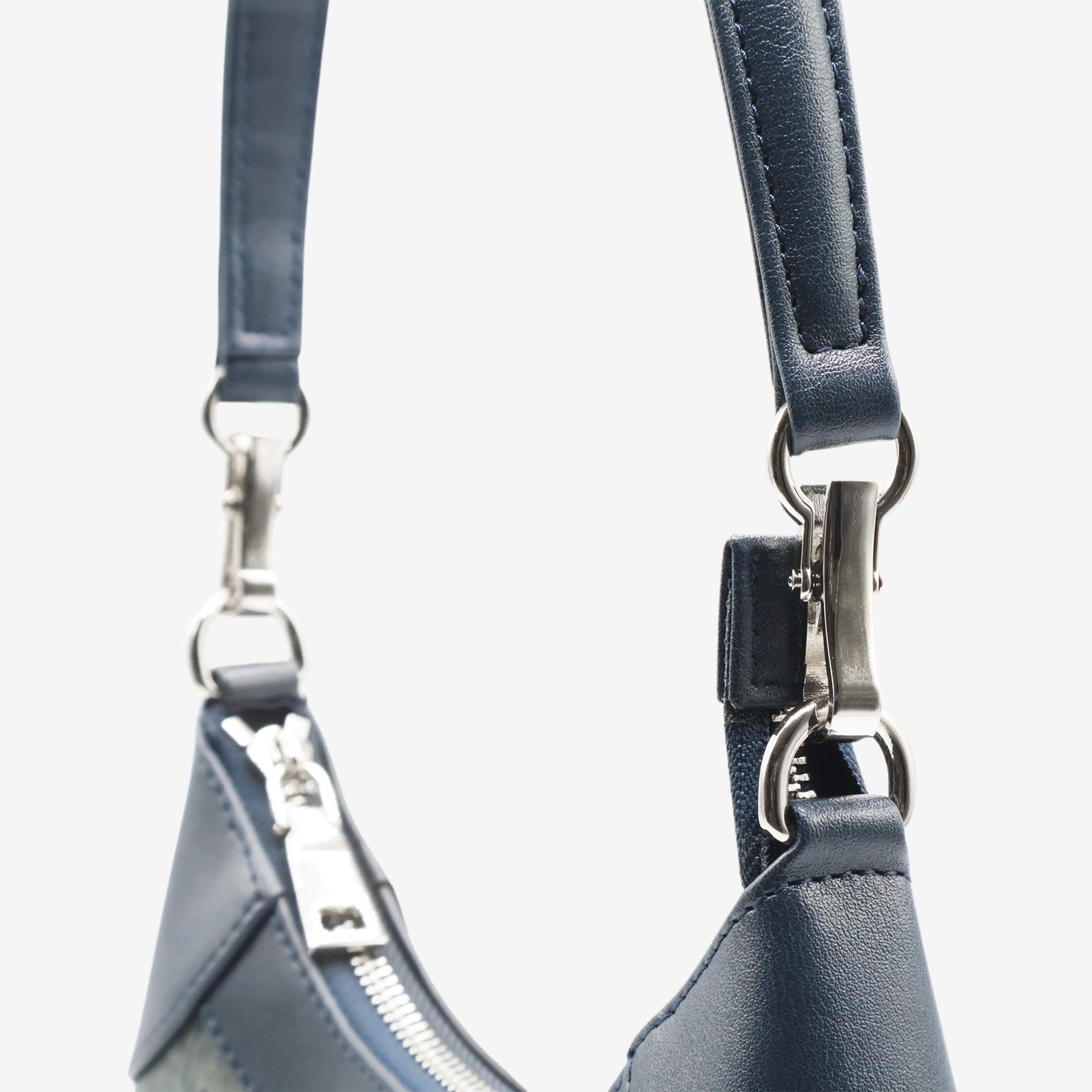 Close-up of Kara Vegan Shoulder Bag in Blue Dianne by Thamon showing the detachable crossbody strap.