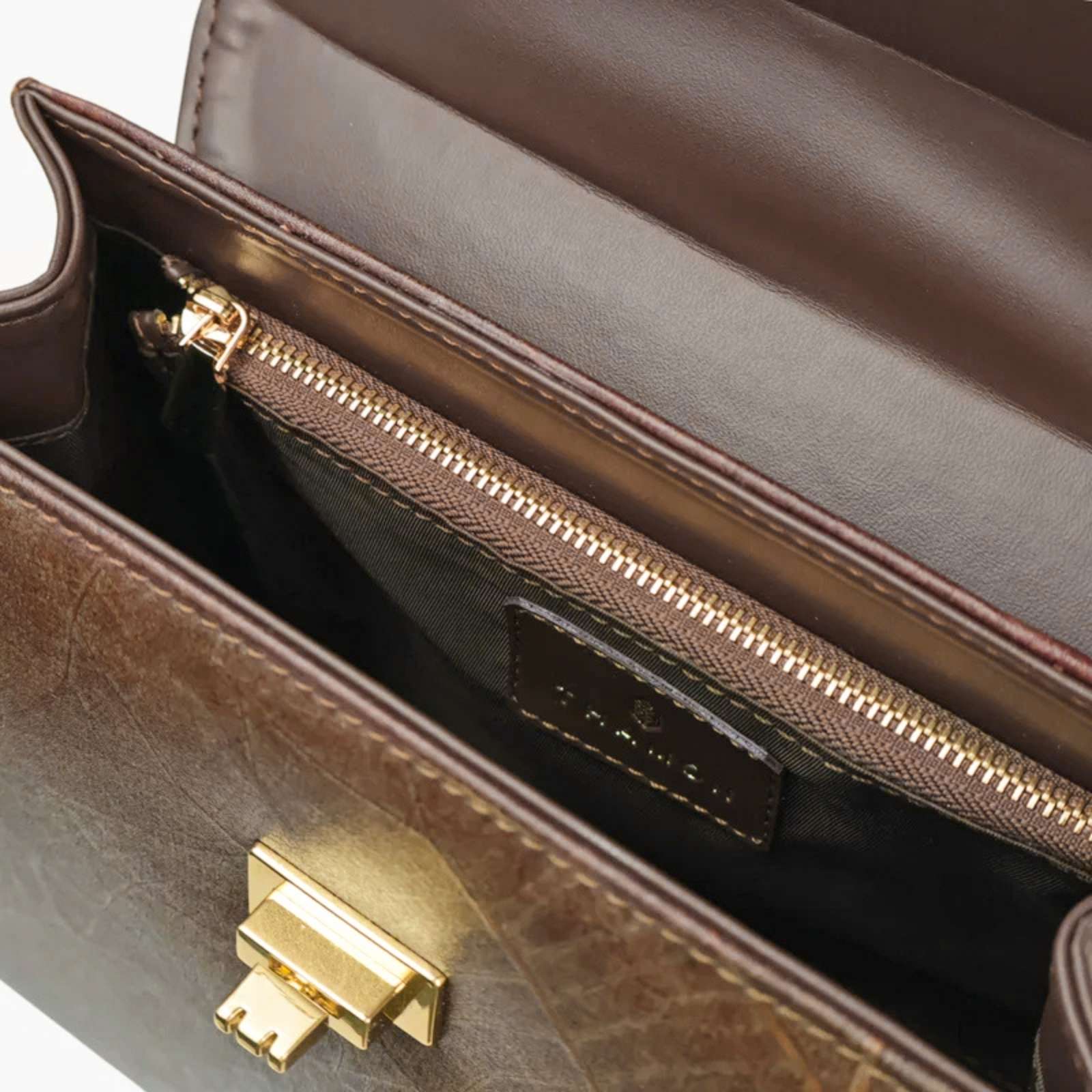 Top view of Kylie bag in walnut brown made from leaf leather