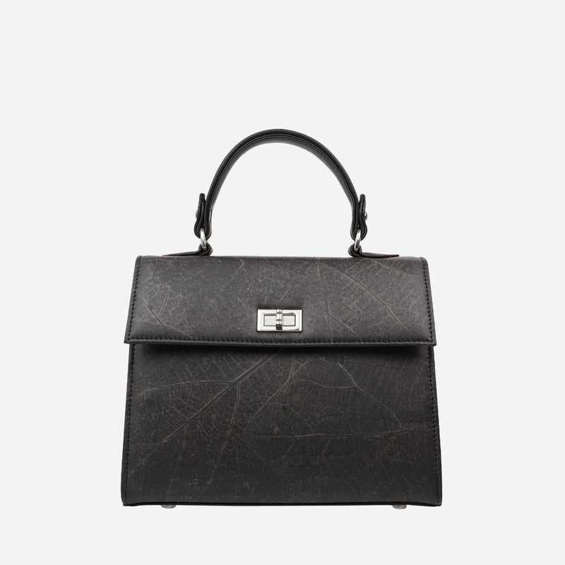 Front Black Leaf Pattern and Silver Twist Lock Kylie Bag by Thamon