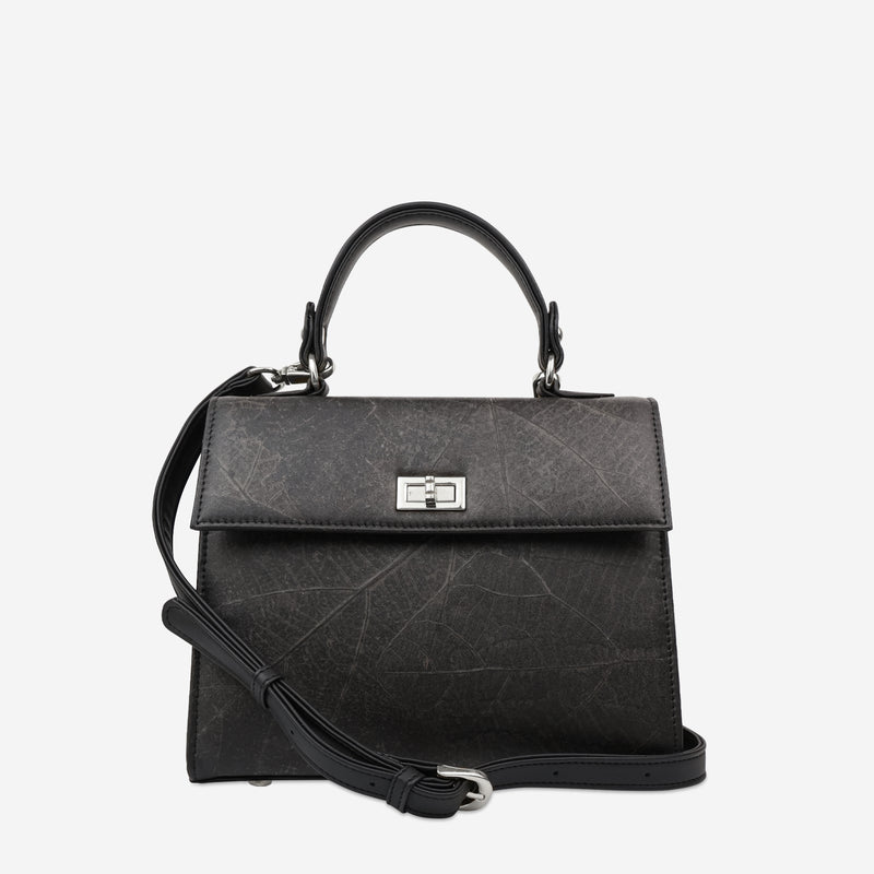 Front Black Leaf Pattern and Silver Twist Lock Kylie Bag by Thamon