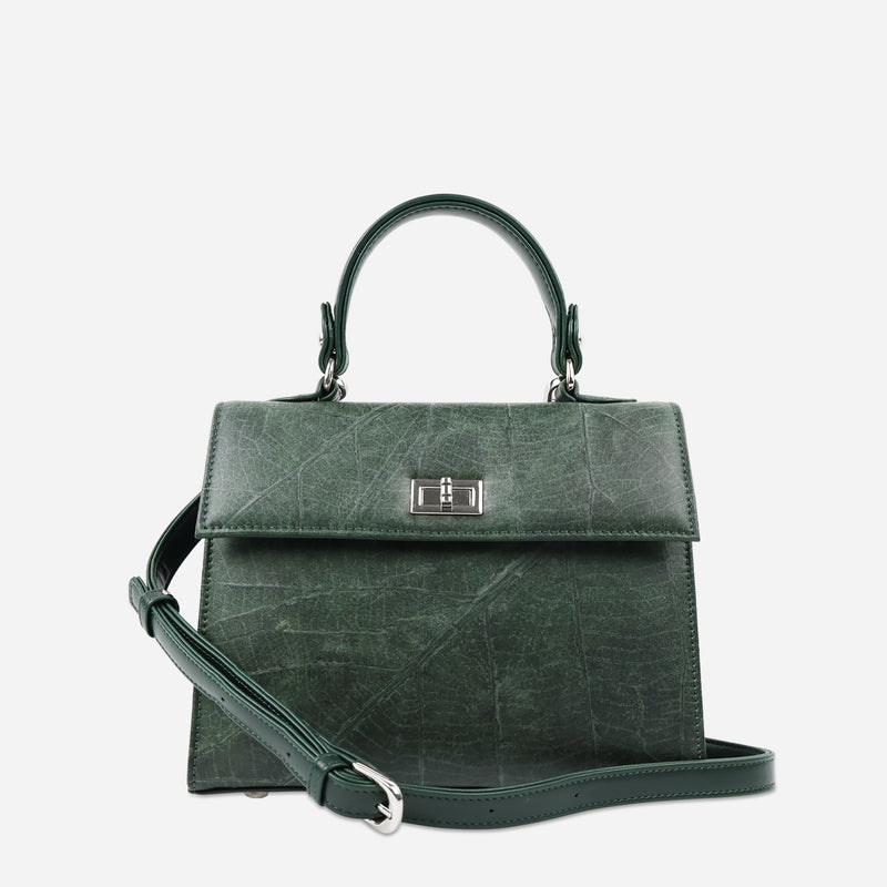 Front Forest Green Leaf Pattern and Silver Twist Lock Kylie Bag by Thamon
