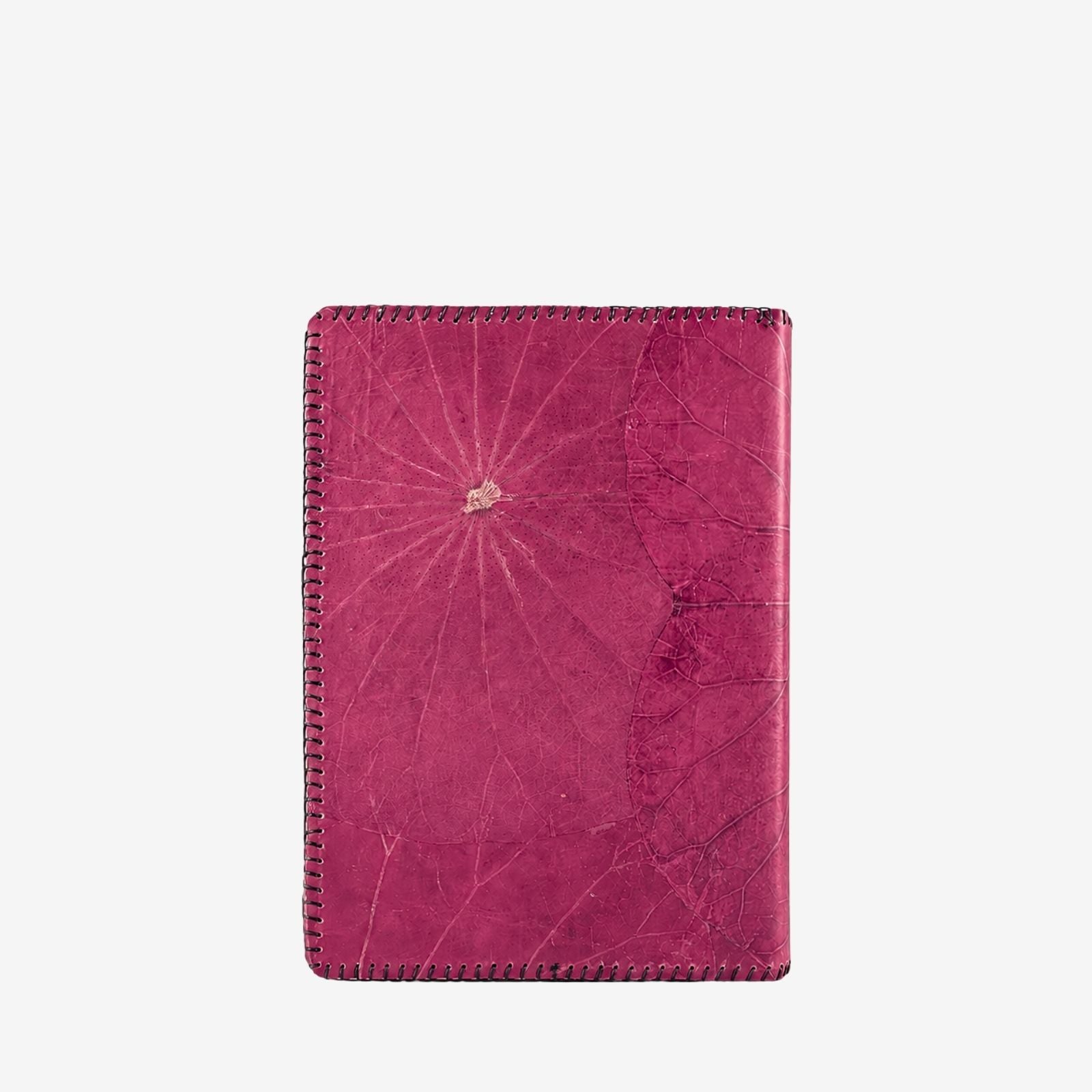 Back view of THAMON A5 refillable notebook in berry pink, made from real lotus leaves with natural vein texture and dark stitched edges.