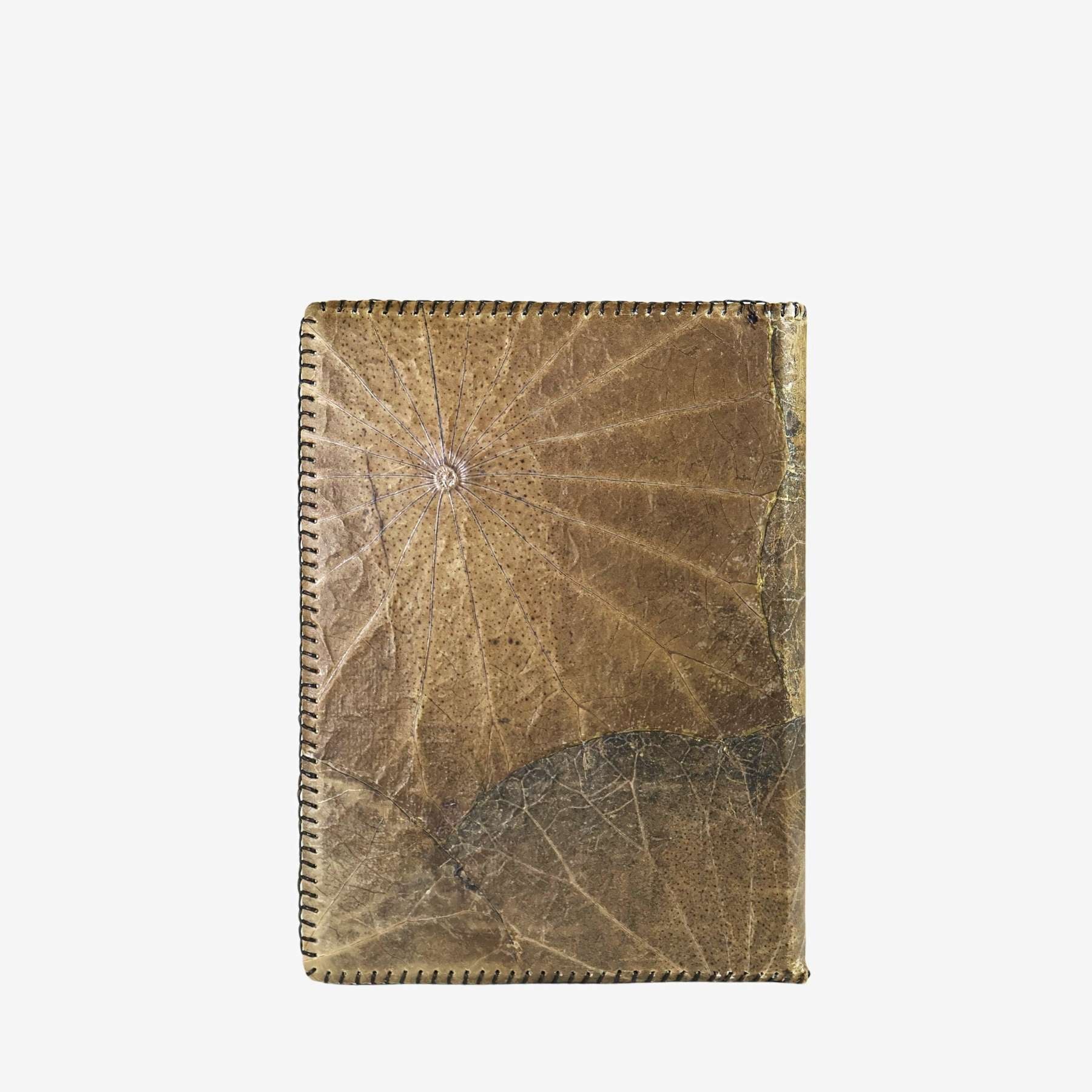 Back view of Lotus A5 refillable notebook in latte made from leaf leather