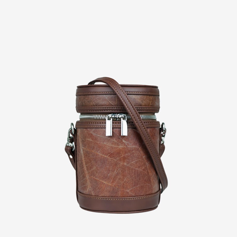  Mary-Go-Round Leaf Walnut Brown Crossbody Bag – Small, handcrafted from real leaves, eco-friendly, vegan leather, sustainable fashion by Thamon – front view.