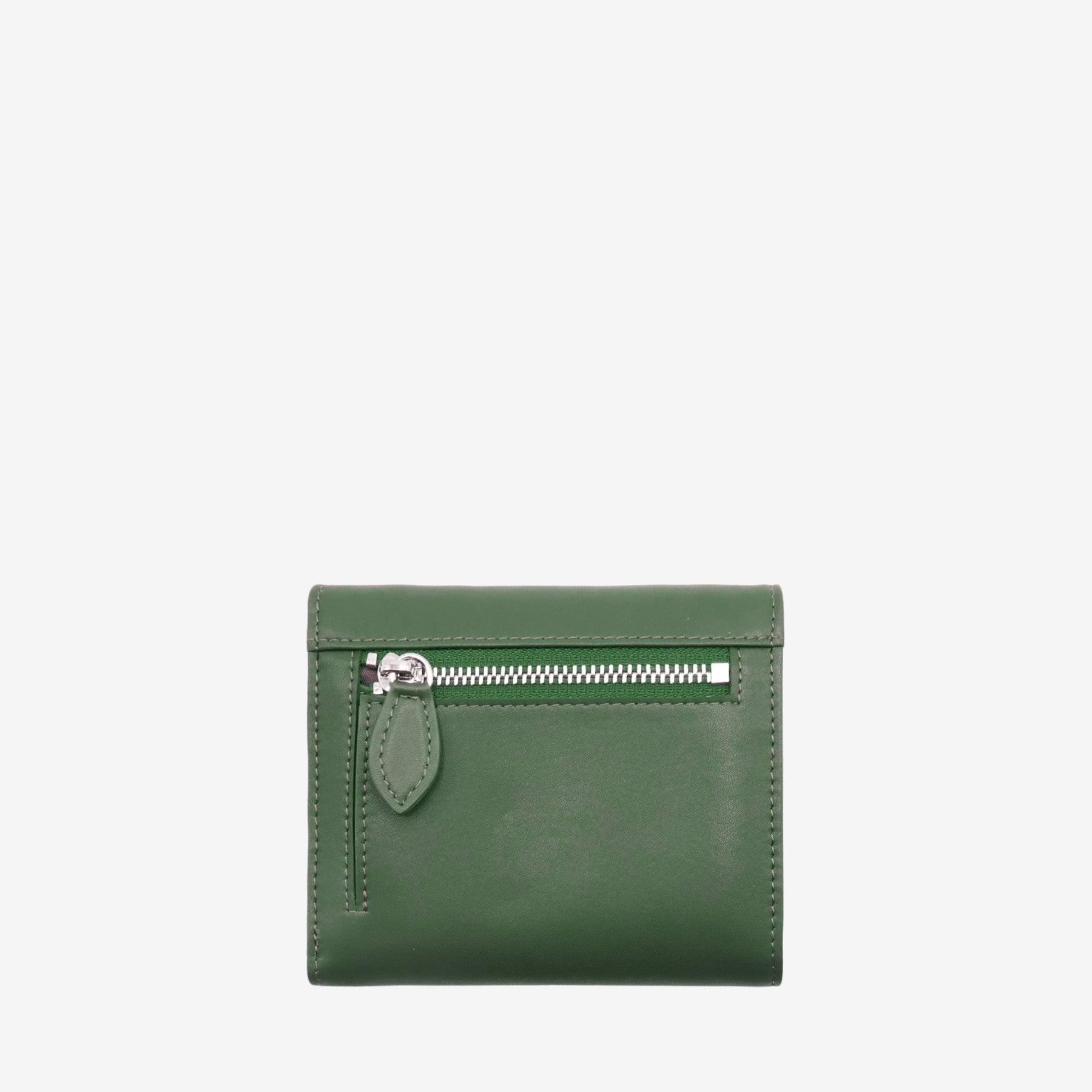 Back view of the Milly Compact Wallet in forest green leaf leather by Thamon, showcasing the zipper pocket and sleek design
