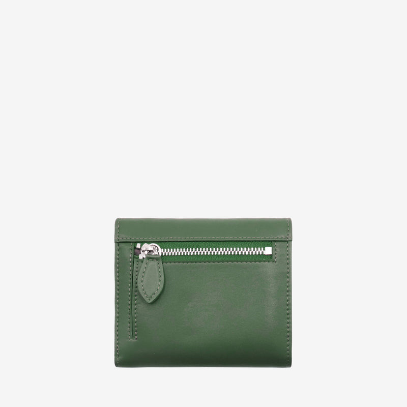 Back view of the Milly Compact Wallet in forest green leaf leather by Thamon, showcasing the zipper pocket and sleek design