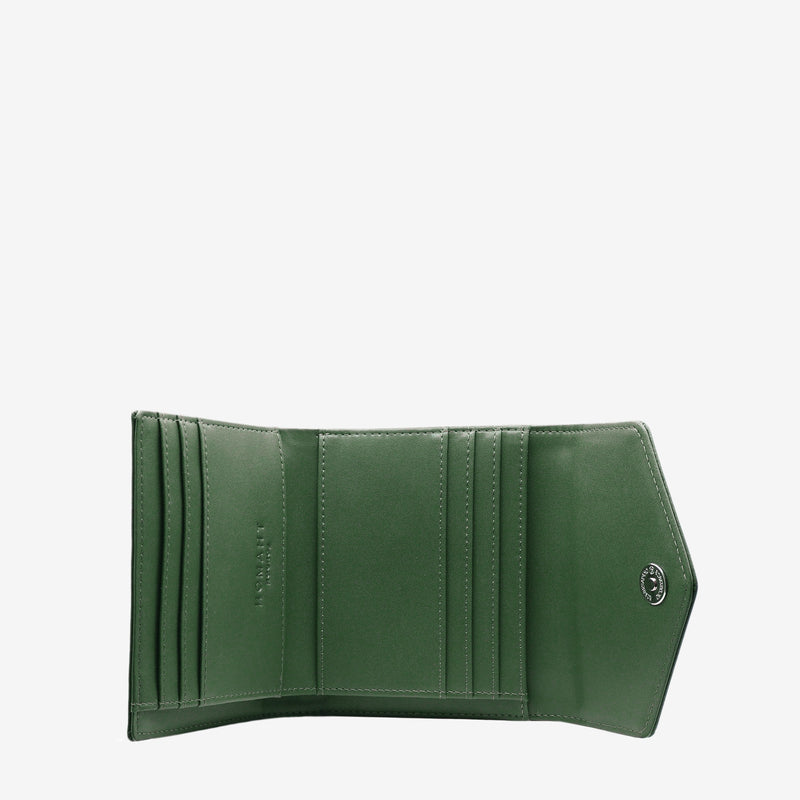 Close-up view of the inside of the Milly Compact Wallet in forest green leaf leather by Thamon, highlighting the quality craftsmanship and Thamon logo.