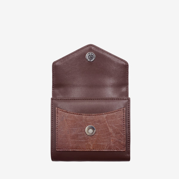 Open view of the Milly Compact Wallet in spice brown leaf leather by Thamon, displaying multiple card slots and a spacious compartment.