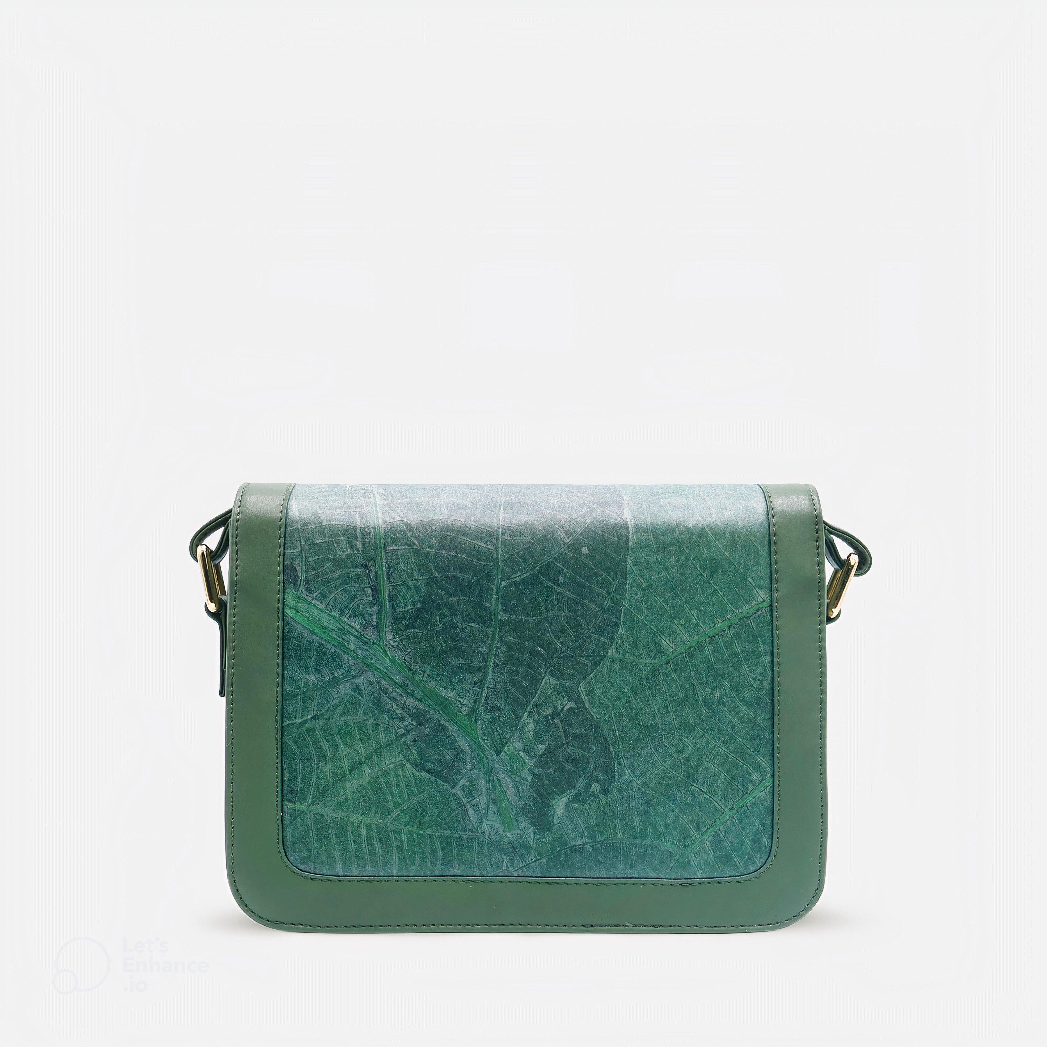 Back view of the Molly bag in forest green by Thamon, highlighting the natural leaf pattern.