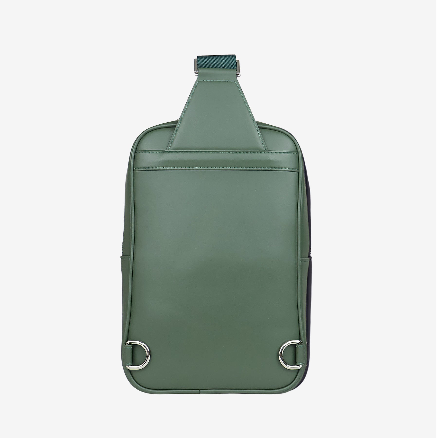 Back view of Nomad sling bag in forest green vegan leather with clean finish and dual D-rings for adjustable strap