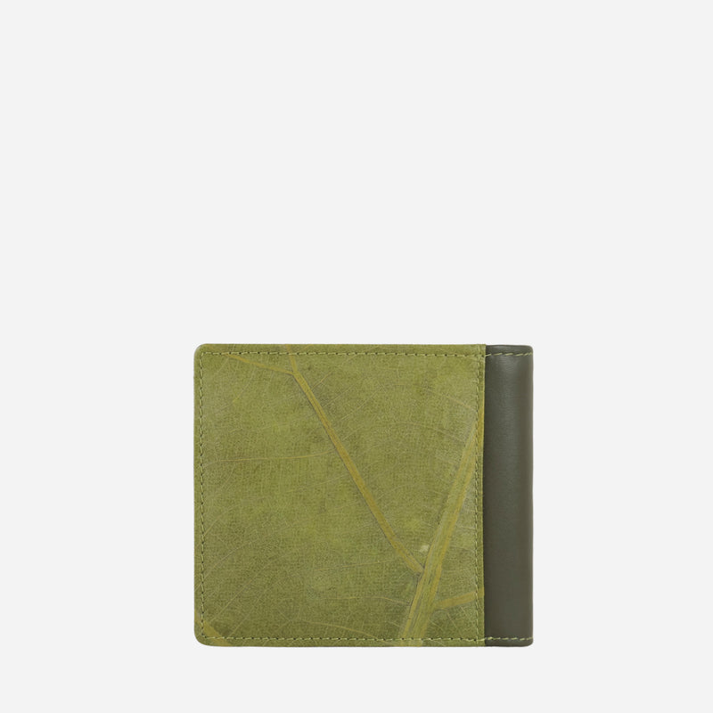 Back view of the Olive Vegan Leather Men's Coin Wallet by Thamon with a sleek microfiber and leaf leather finish.