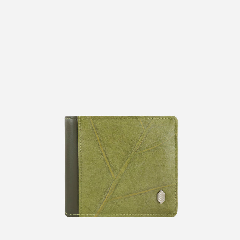 Front view of the Olive Vegan Leather Men's Coin Wallet by Thamon with a leaf leather texture and minimalist design.
