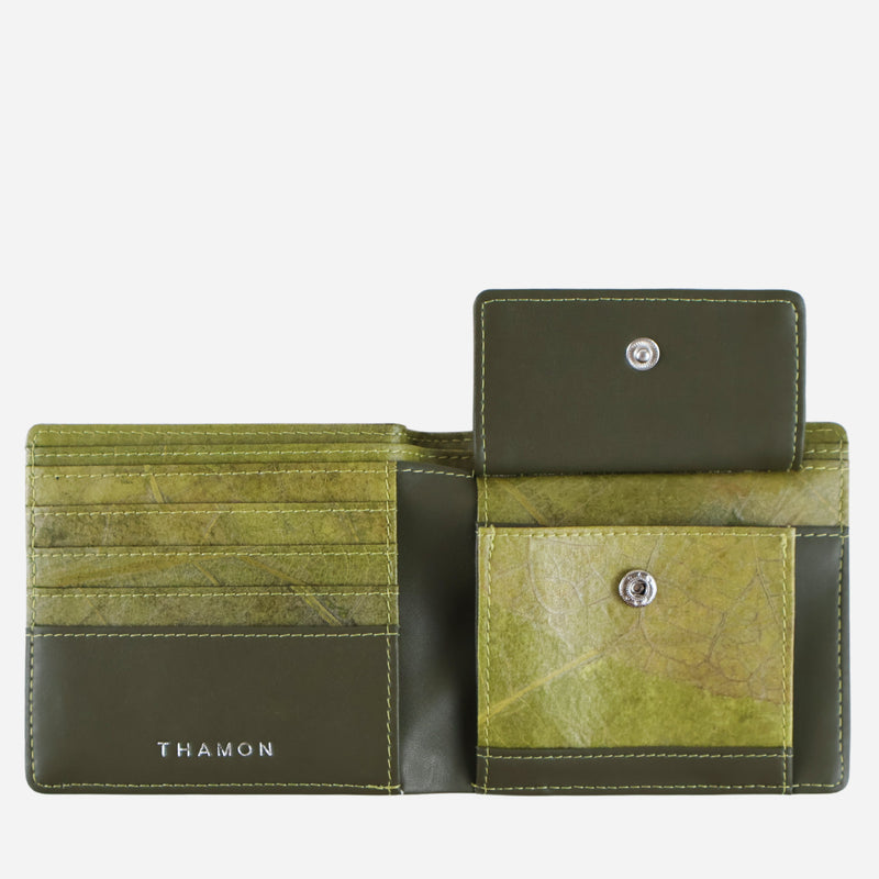 Open view of the Olive Vegan Leather Men's Coin Wallet by Thamon showing the coin compartment and multiple card slots.