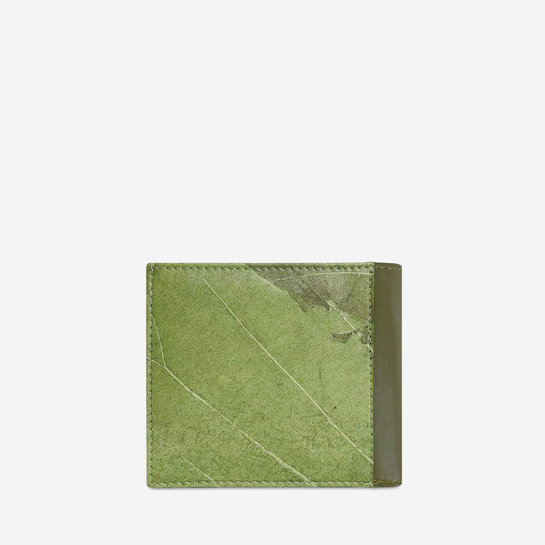 Back view of Oliver wallet in olive green made from leaf leather