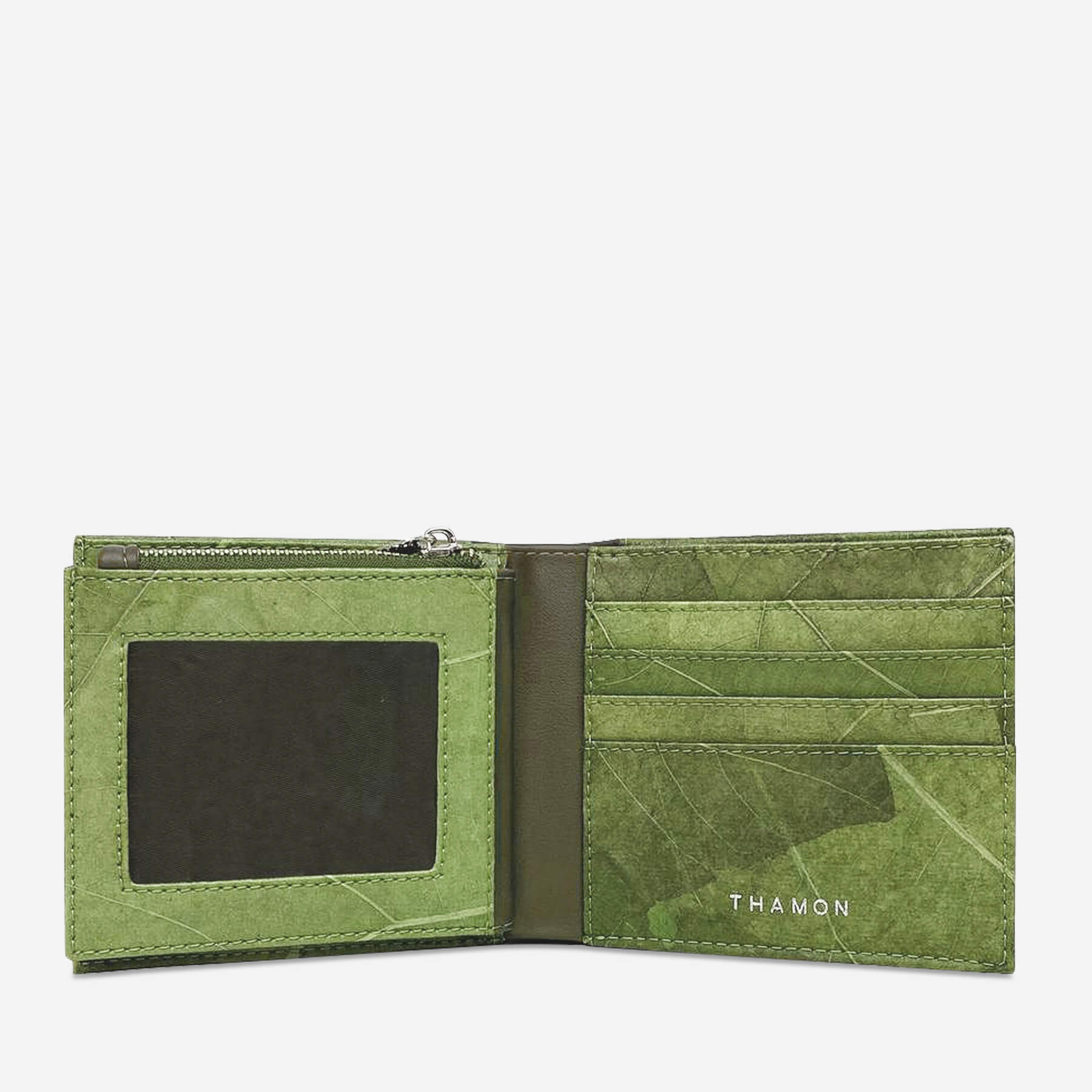 Interior detail of Oliver wallet in olive green showing ID window
