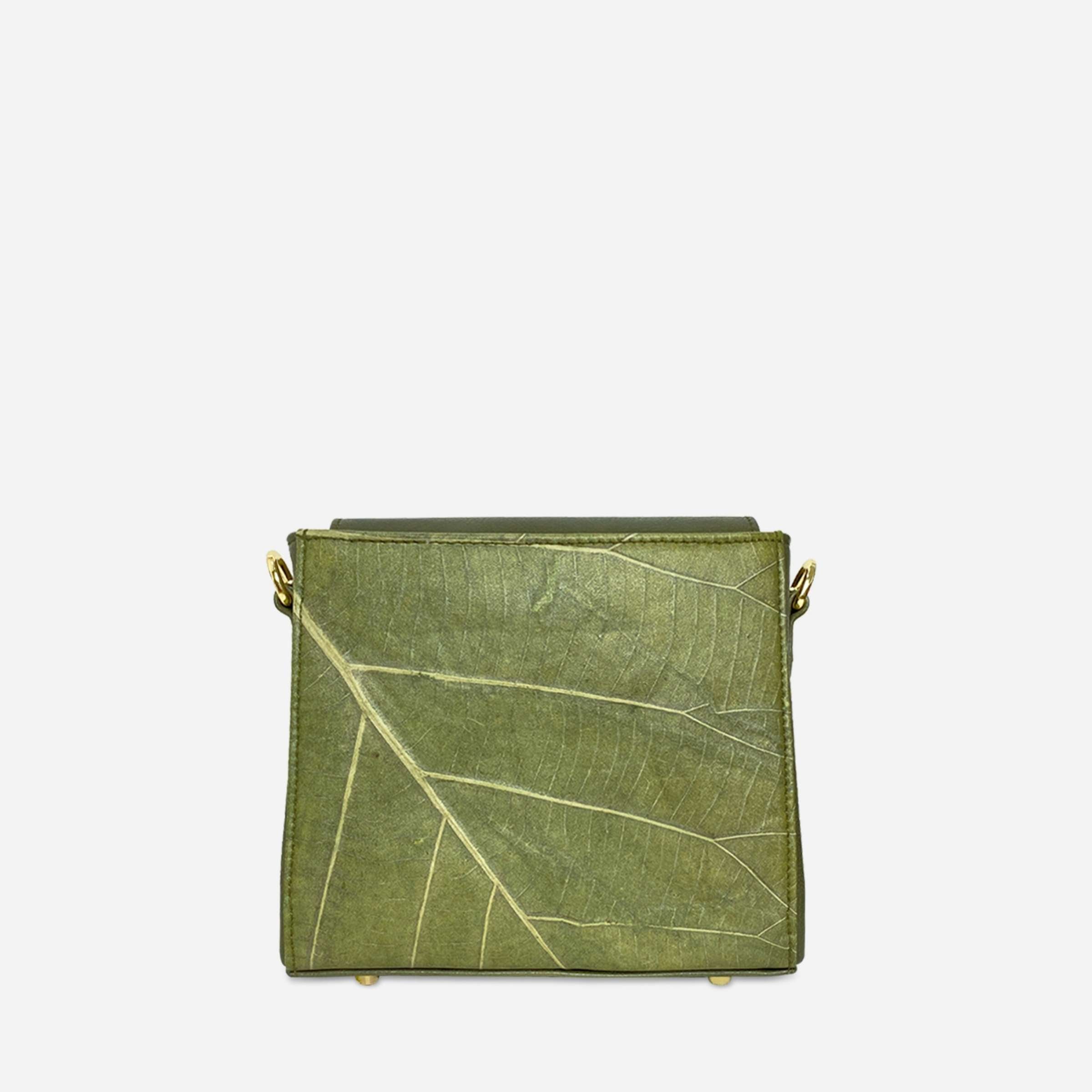 Back view of Pearl bag in olive green leaf leather showing natural leaf vein patterns
