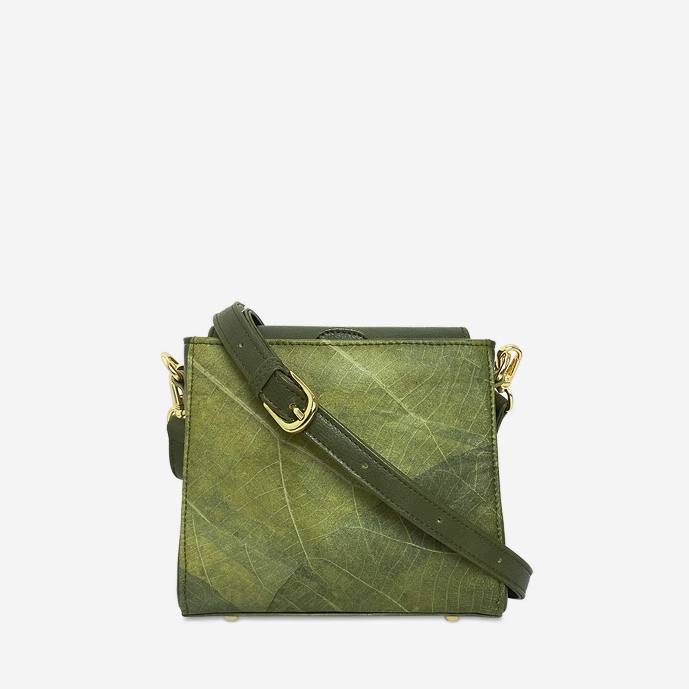 Front view of Pearl bag in olive green leaf leather featuring both pearl handle and shoulder strap options