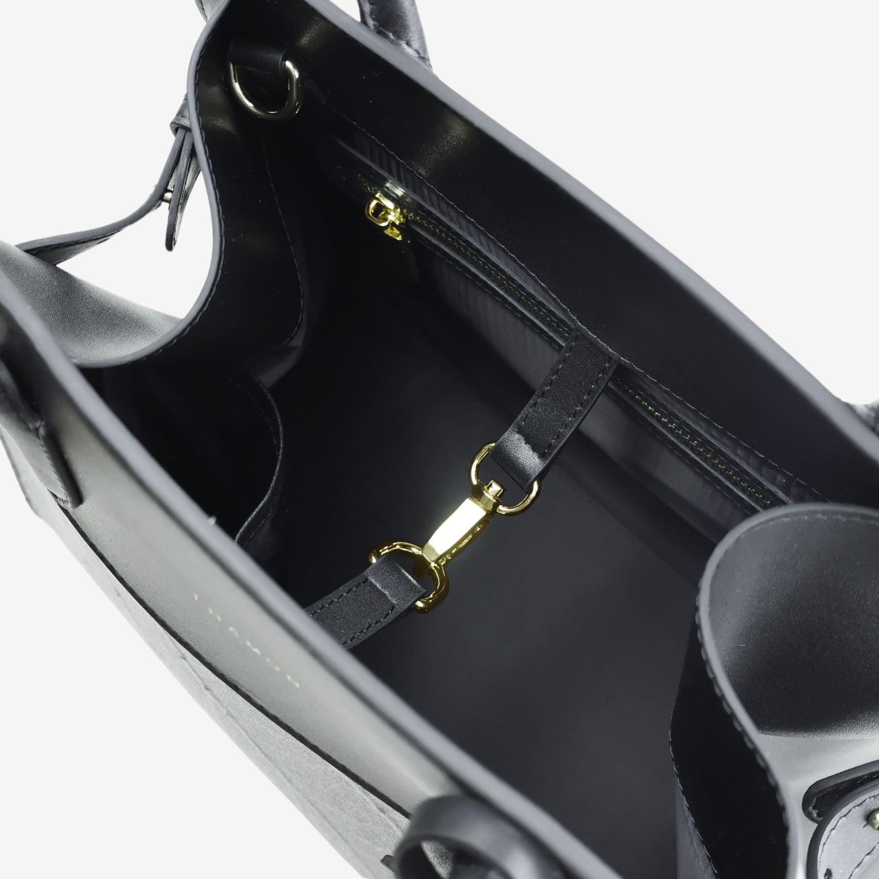 Interior view of Sloane tote bag in black made from leaf leather