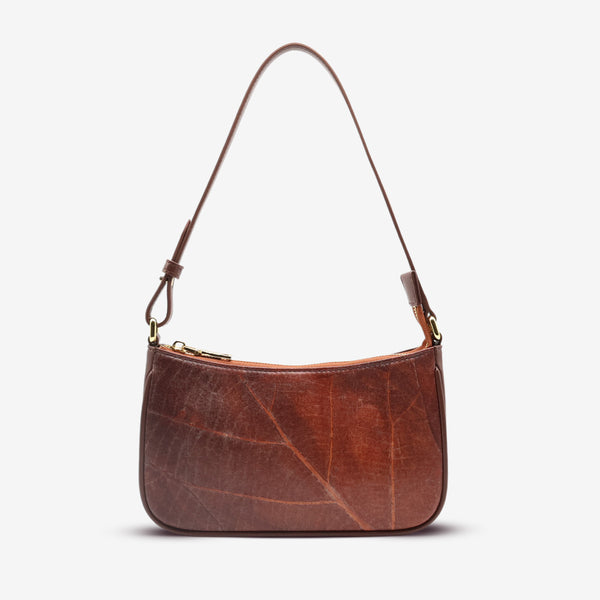 Front view of the Mila Spice Brown Vegan Shoulder Bag with leaf leather detailing and adjustable shoulder strap