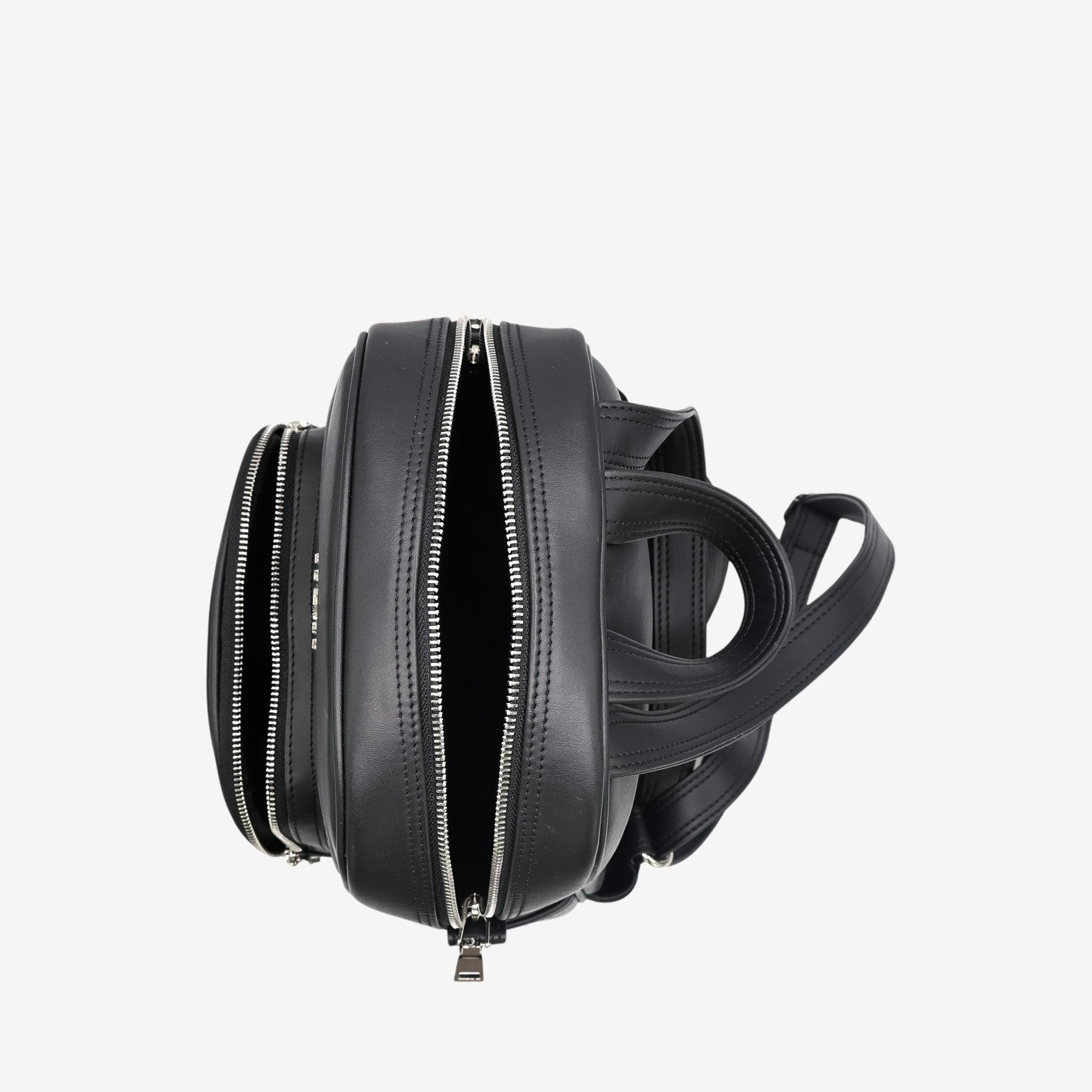 Top view of Thamon Foglia black vegan leather backpack with zip compartments and leaf-inspired design