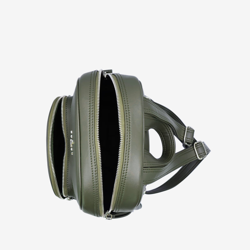 Top view of the Thamon Foglia backpack in olive green, showing two spacious zippered compartments with silver-tone hardware and adjustable straps