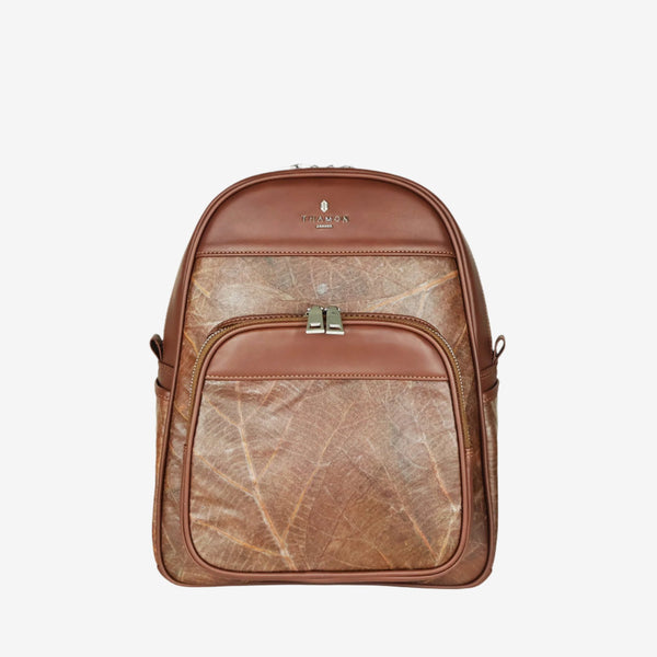 Thamon Foglia backpack in spice brown made from vegan leather with natural leaf patterns