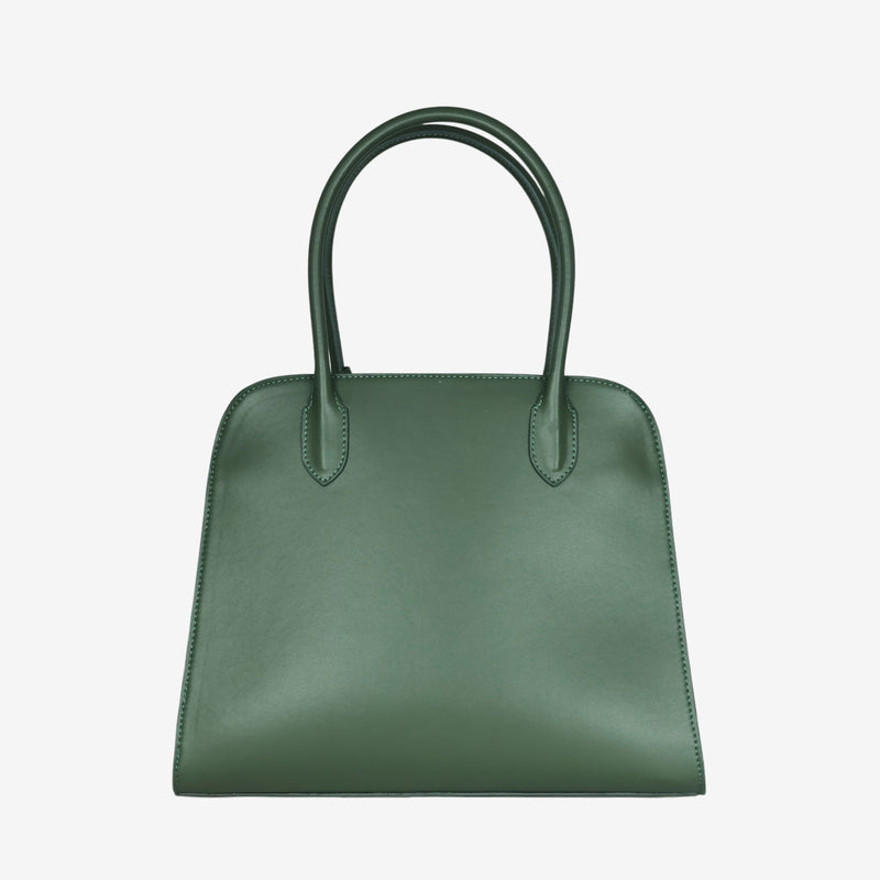 Back view of the Sloane tote bag in forest green vegan leather, featuring a smooth, minimalist surface with clean stitching and sturdy top handles.