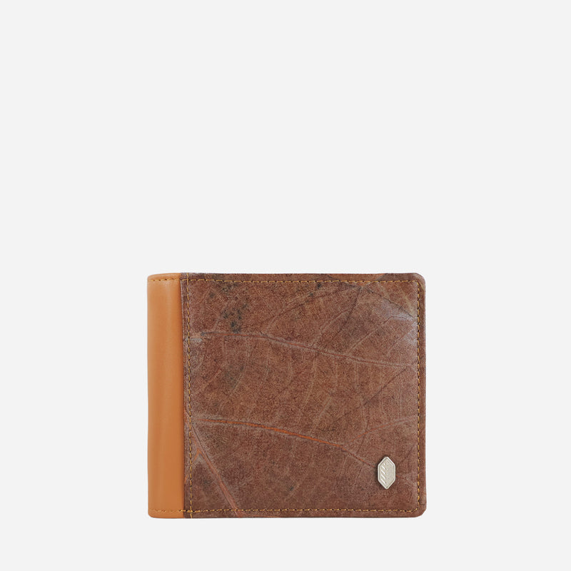 Front view of the Timber Tan Vegan Leather Coin Wallet by Thamon showcasing the leaf leather texture and minimalist design.