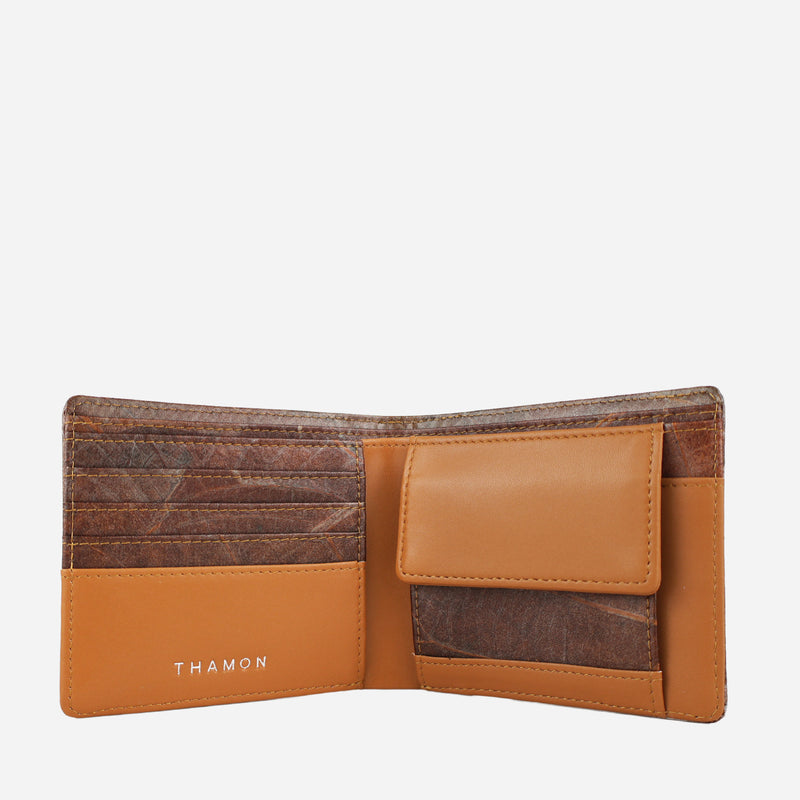 Inside view of the Timber Tan Vegan Leather Coin Wallet by Thamon showing the coin compartment and card slots with a leaf leather finish.