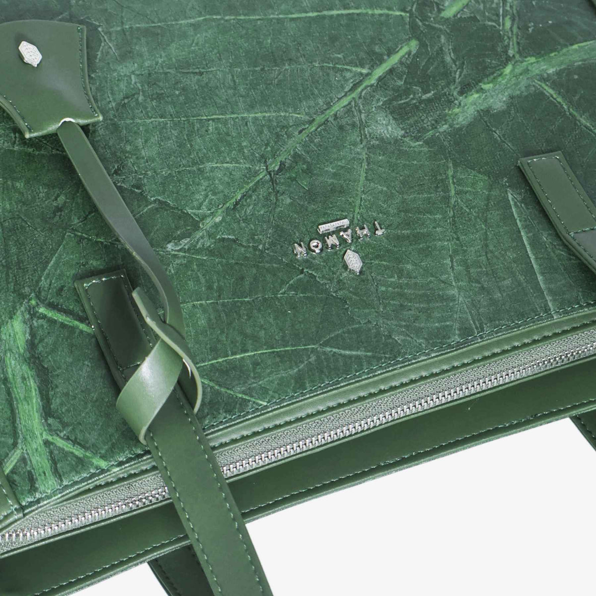 Top view of tote bag in forest green made from leaf leather