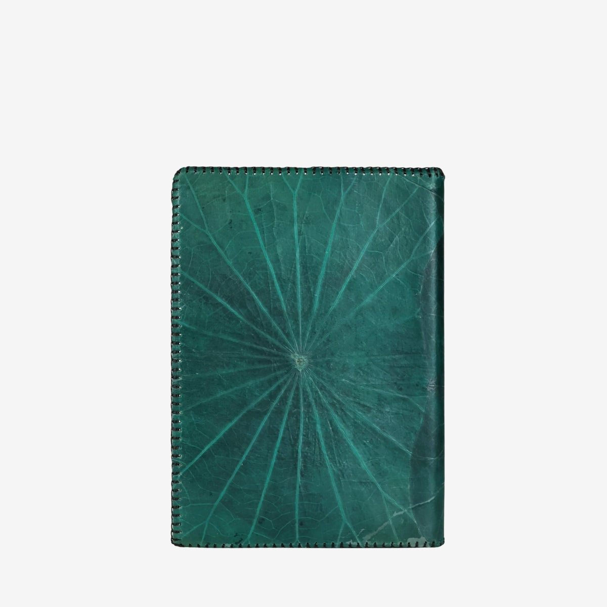 Back view of the Vegan Lotus A5 Refillable Notebook in Forest Green with natural leaf texture