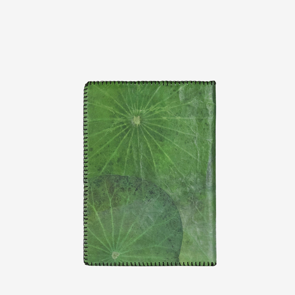 Back view of the Vegan Lotus A5 Refillable Notebook in Olive Green with natural leaf texture