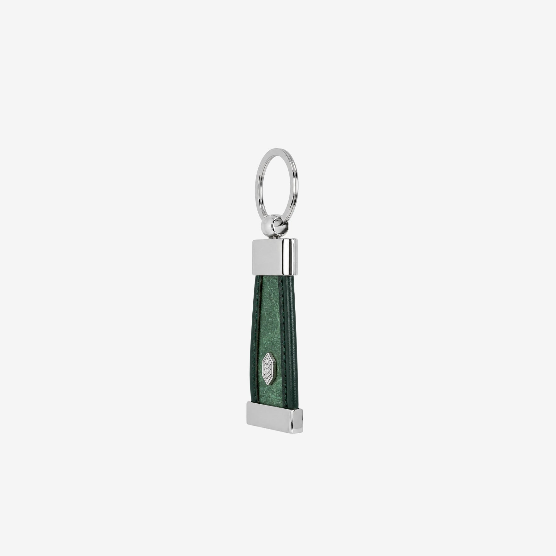Side profile of Forest Green Leaftex keychain highlighting the durable strip and elegant metallic hardware.