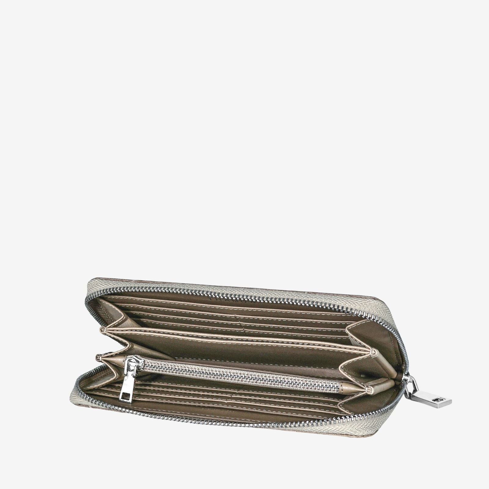 Open Zip Around Wallet in Taupe made with Leaftex, showing card slots, compartments and the inner zipped pocket.