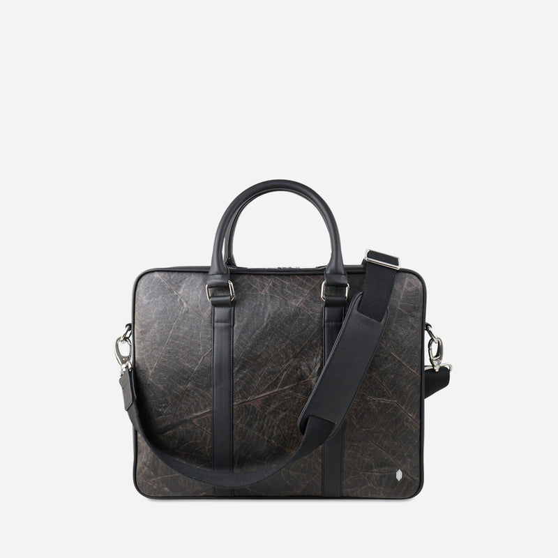 A front viewed of the Black leaf leather Cambridge briefcase by Thamon with a leaf textured pattern and detachable shoulder strap.