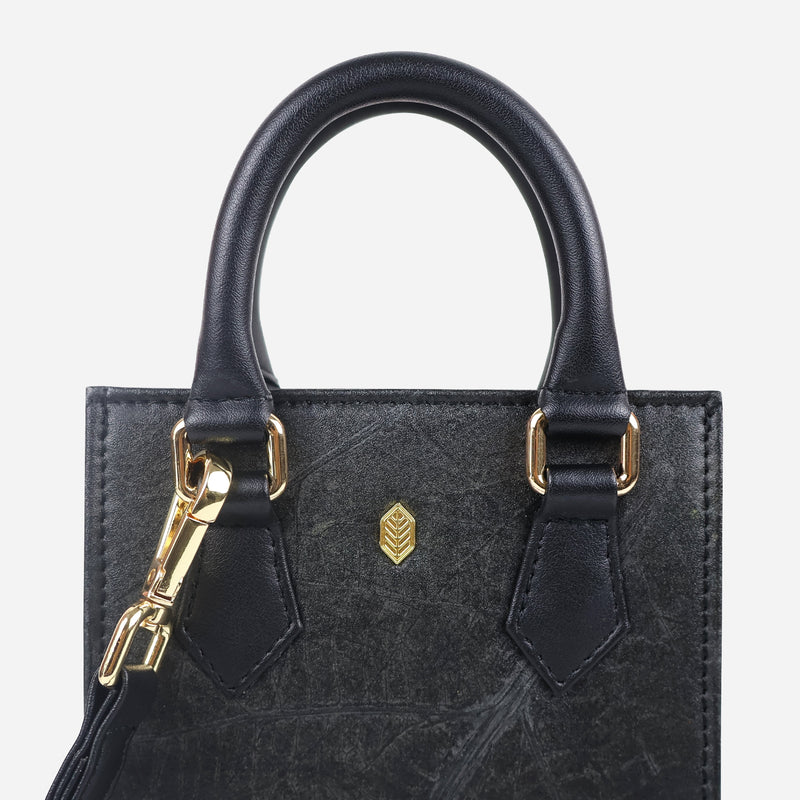 Top Handle Black Leaf pattern Ivy Mini Crossbody Tote Bag by Thamon