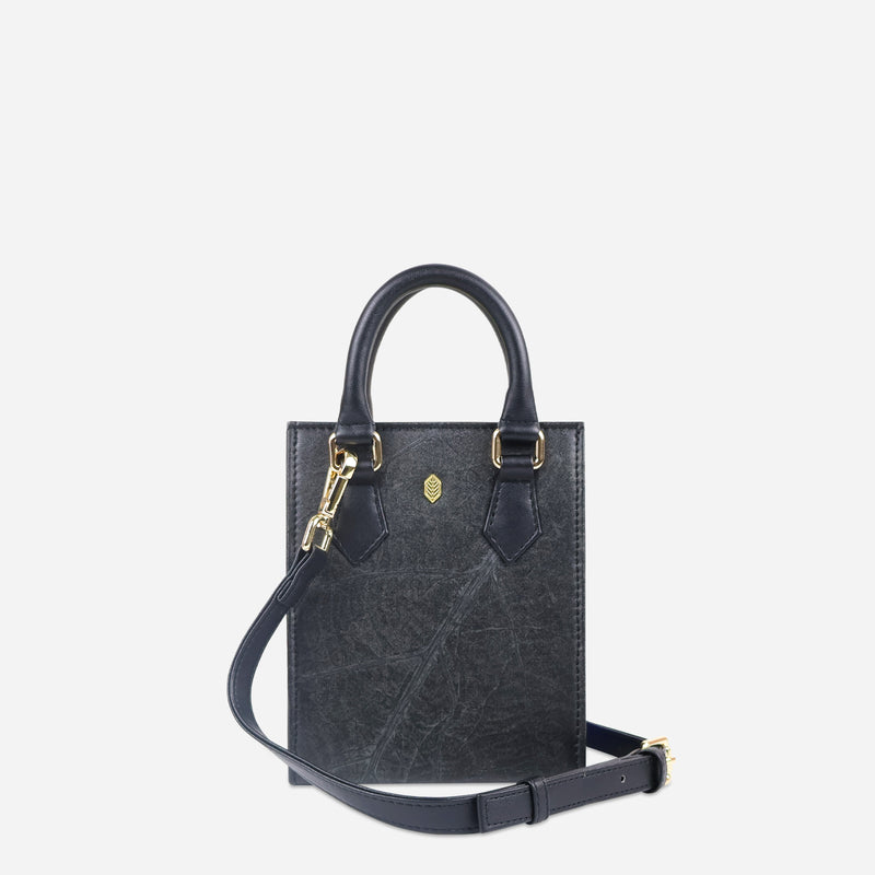 Front Black Leaf pattern Ivy Mini Crossbody Tote Bag by Thamon