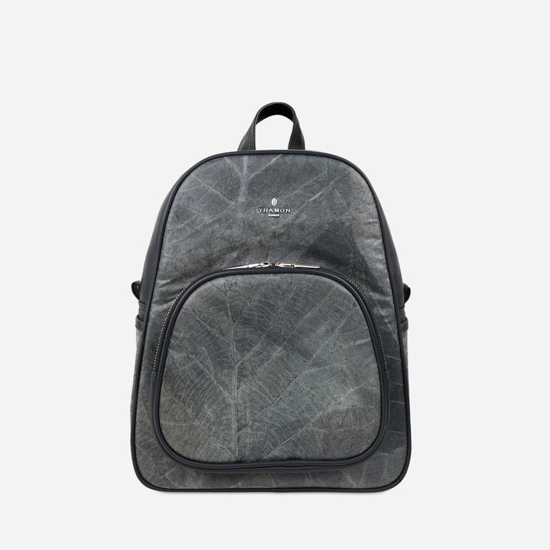 Front Black Leaf Pattern Vegan Backpack by Thamon