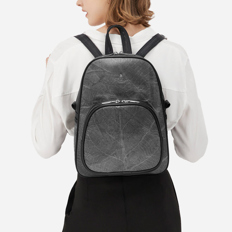 Black Leaf Pattern Vegan Backpack by Thamon