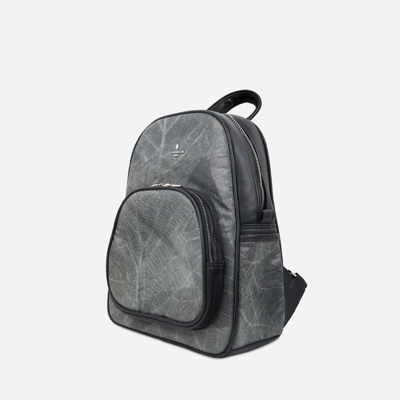 Side Black Leaf Pattern Vegan Backpack by Thamon