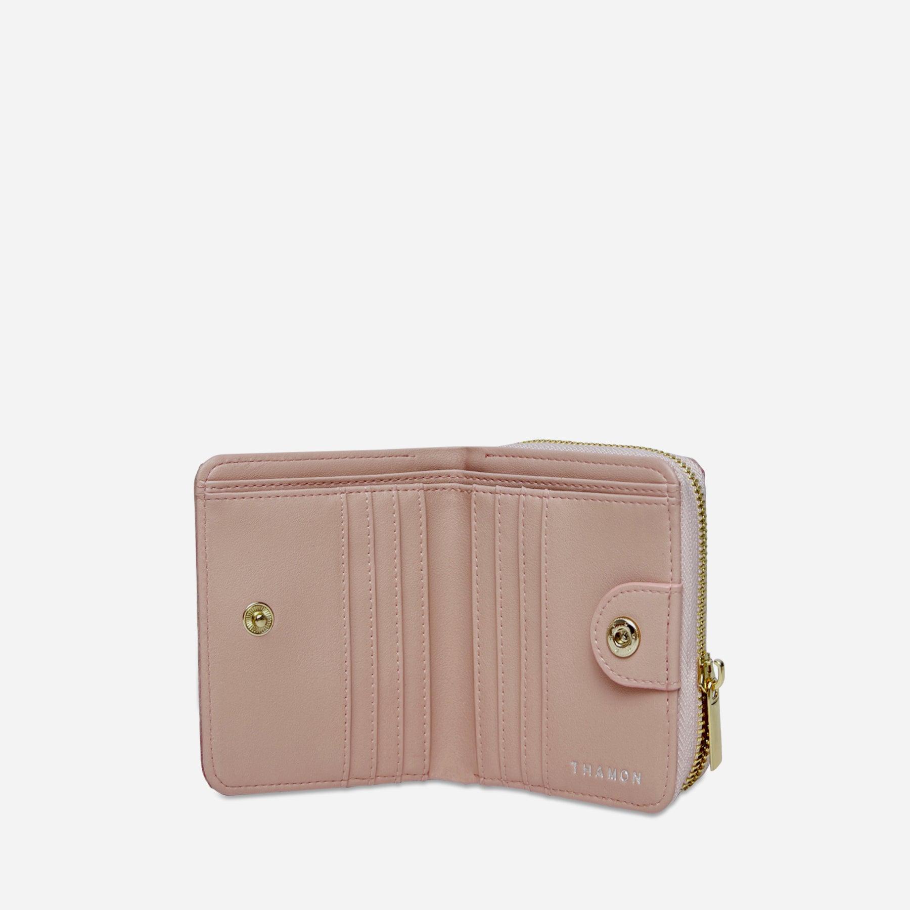 Open Blossom Pink Leaves Compact Zip-Around Wallet by Thamon