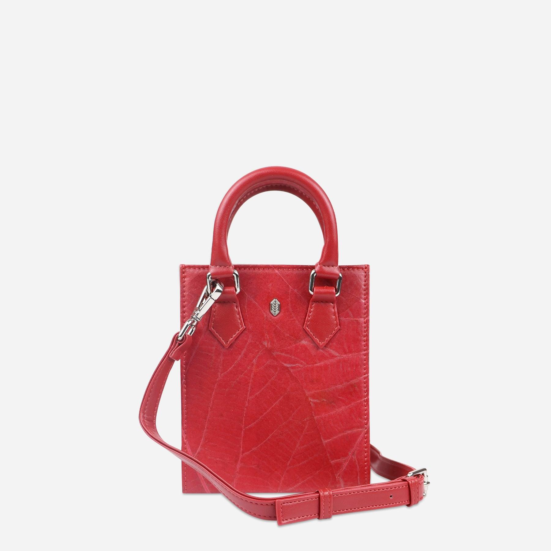Front Red Leaf pattern Ivy Mini Crossbody Tote Bag by Thamon
