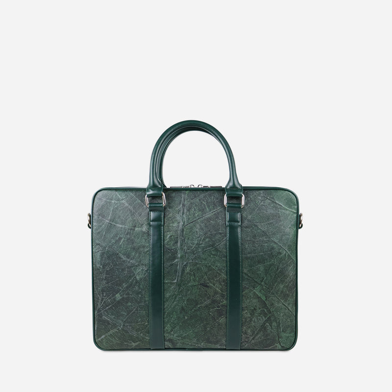 Back view of a Thamon forest green leaf leather Cambridge briefcase, displaying dual handles and a leaf vein pattern.