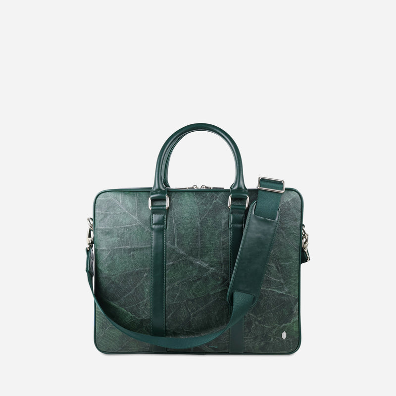 A front viewed of a forest green leaf leather Cambridge briefcase by Thamon with leaf textured pattern, dual handles, and adjustable shoulder strap.