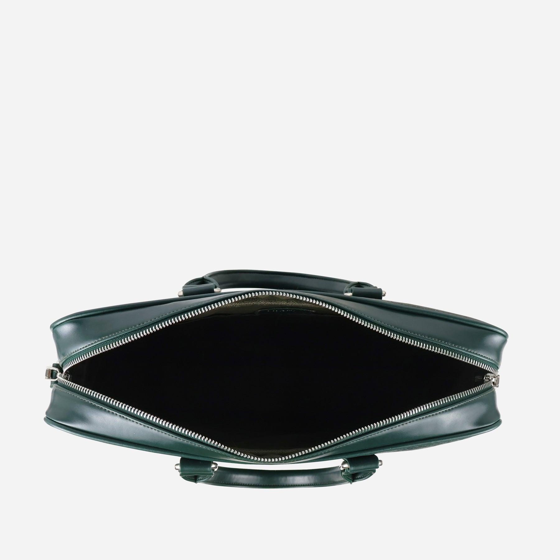 Top view of an open Thamon forest green leaf leather Cambridge briefcase with a khaki green lining and silver-toned zipper.