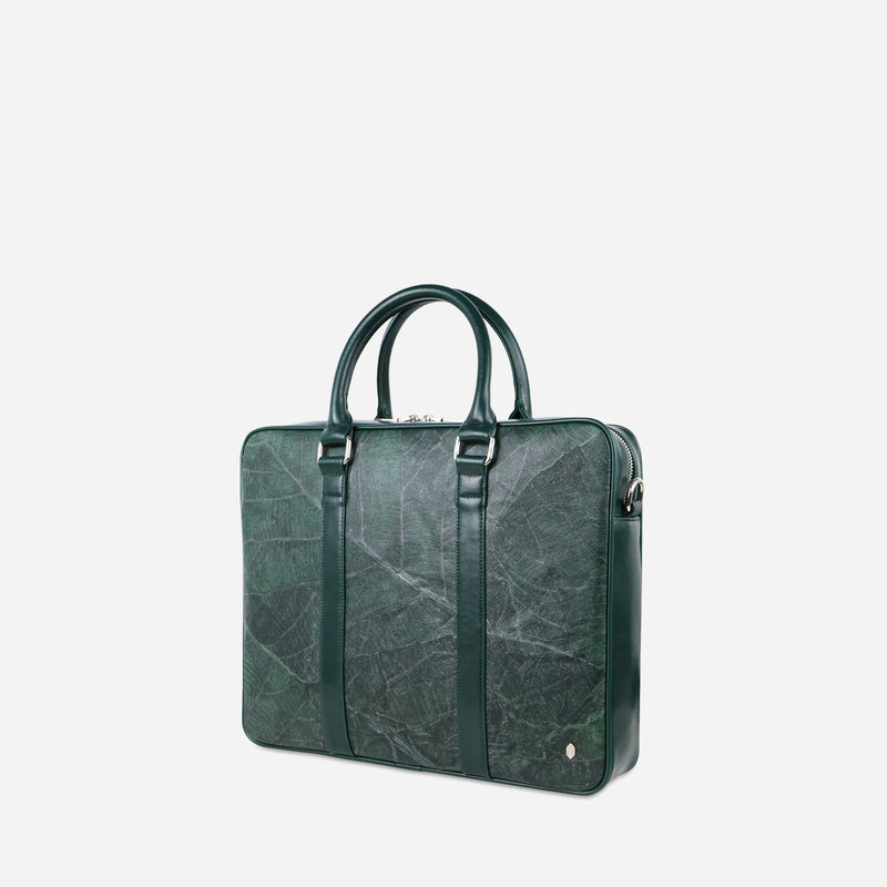 Side view of a Thamon forest green leaf leather Cambridge briefcase with dual handles and a visible texture of leaf veins.