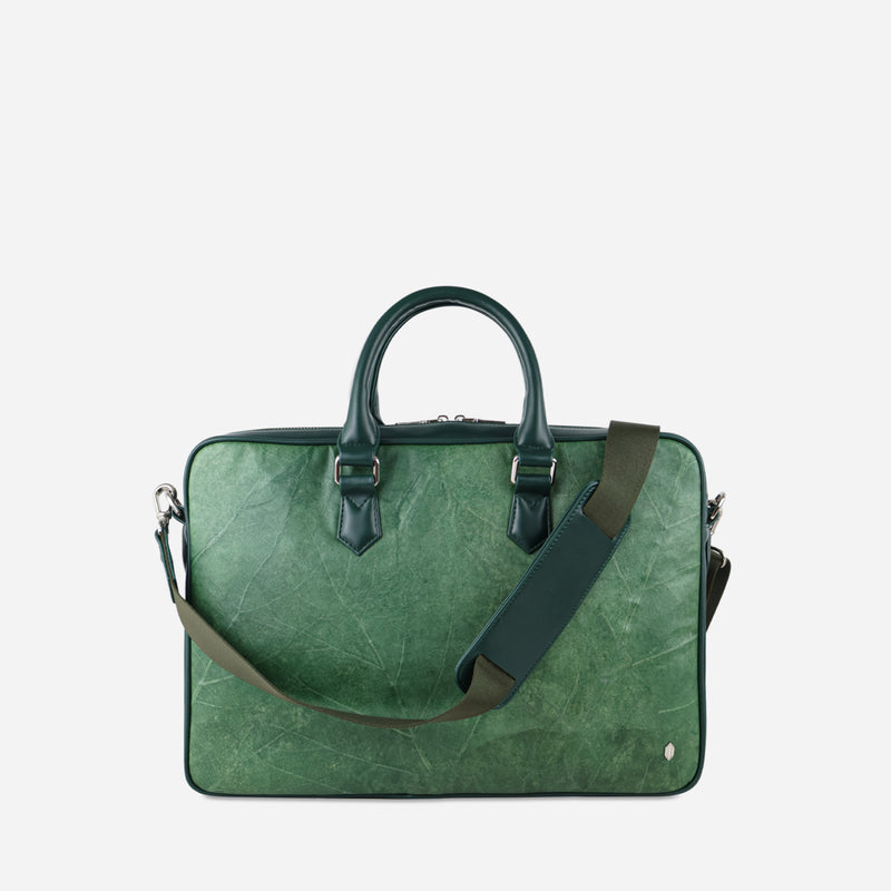 Front Forest Green Leaf Leather Oxford Briefcase by Thamon